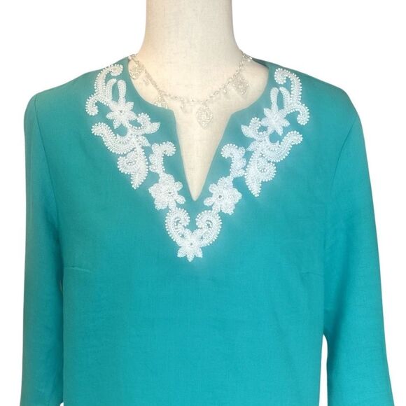 Talbots 3/4 Sleeve Blouse - Tunic Embroidered Neckline Teal Size Small Petite - Picture 2 of 9
